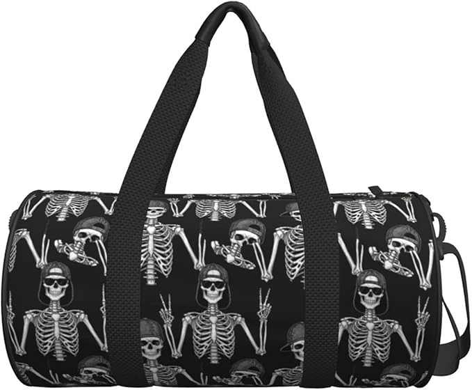 Gym Bag Funny Human Skeleton Skull Waterproof Round Cylinder Carry On Overnight Bag with Adjustable & Removable Shoulder Strap for Travel Sport Camping