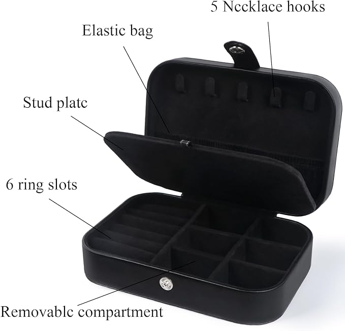 Travel Jewelry Box,Upgraded Travel Jewelry Case,Portable Jewelry Boxes for Women,PU Leather Jewelry Box,Travel Jewelry Organizer for Necklaces,Rings,Earrings,Bracelets,Black