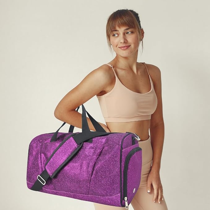 NGIL Glitter Cheers Sports Gym Duffel with Shoe Compartment and Small Carry on Travel Tote Bags for Women, Gym bag, Overnight bags for Women, Cheer Bag (Glitter-Purple)