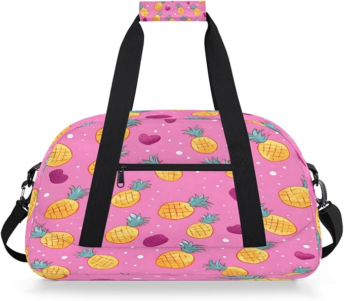 Duffle Bag for Women Men, Pink Pineapple Heart Gym Bag for Travel Sports, Lightweight Waterproof Weekender Overnight Bags with Adjustable Strap
