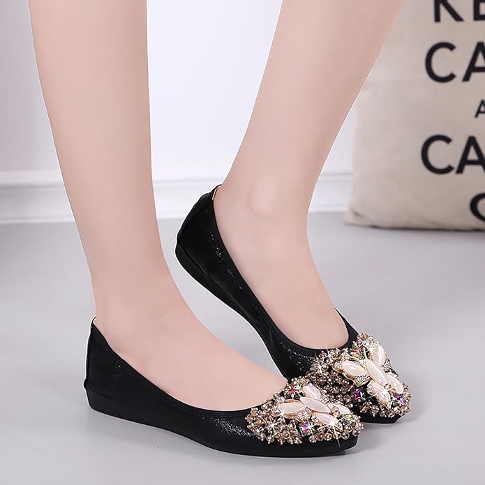 Women Ballet Flats Sparkly Rhinestone Wedding Ballerina Shoes Pointed Toe Foldable Comfort Slip on Flat Dress Shoes