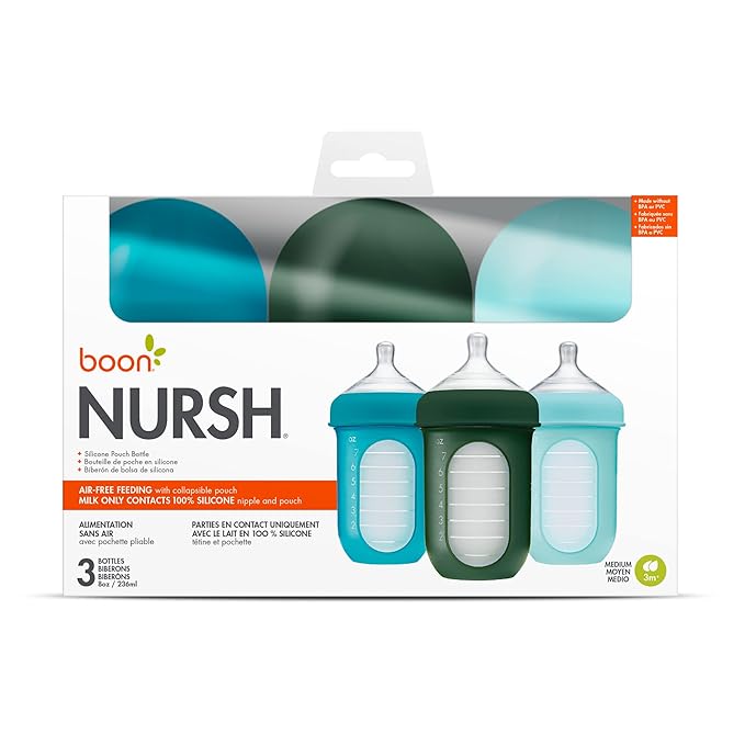 Boon Nursh Bottles - Silicone Baby Bottles Help Ease Colic Symptoms - Formula and Breast Milk Only Touch Food-Grade Silicone - Medium Flow - 8 Oz - Blue