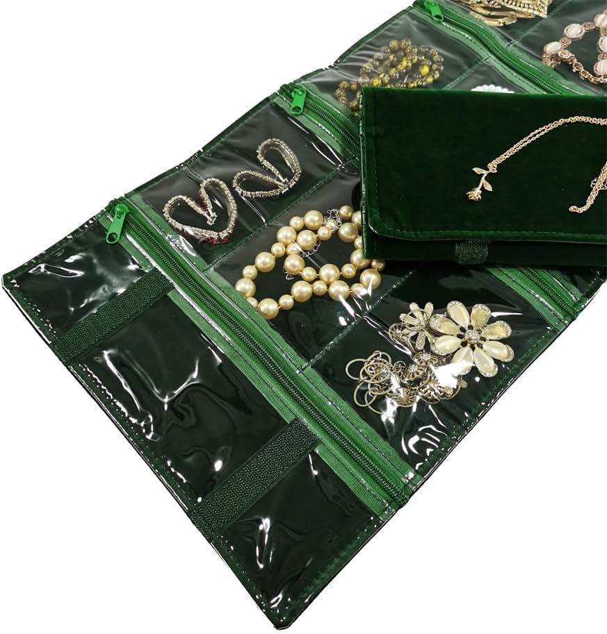 Travel Jewelry Roll Bag Portable Organizer Pouch With Grids&PVC Cover Storage Bags for Necklace, Bracelet, Bracelet,Ring, Badge, Pendant