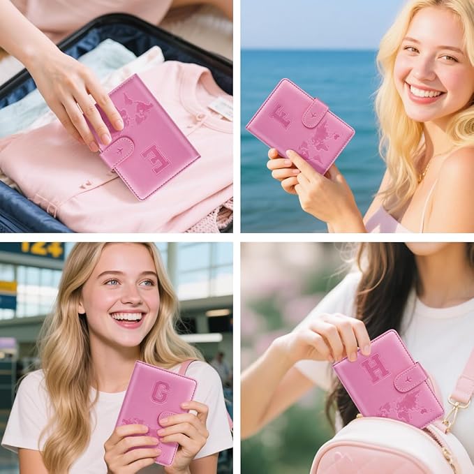 Passport Holder Cover Initail Letter A-Z Travel Wallet Embossed Design RFID Blocking Card Holder Personalized Gift Passport Cover Wallet, Passport Book Holders for Women and Girls, Pink-F