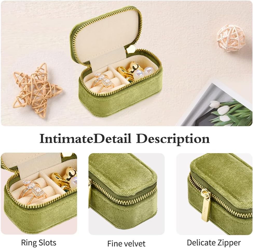 Small Travel Jewelry Case, Mini Tiny Plush Velvet Jewelry Box for Women and Girls, Pocket Size Jewelry holder organizer for Rings Earrings and Small Items(Mistletoe Green)