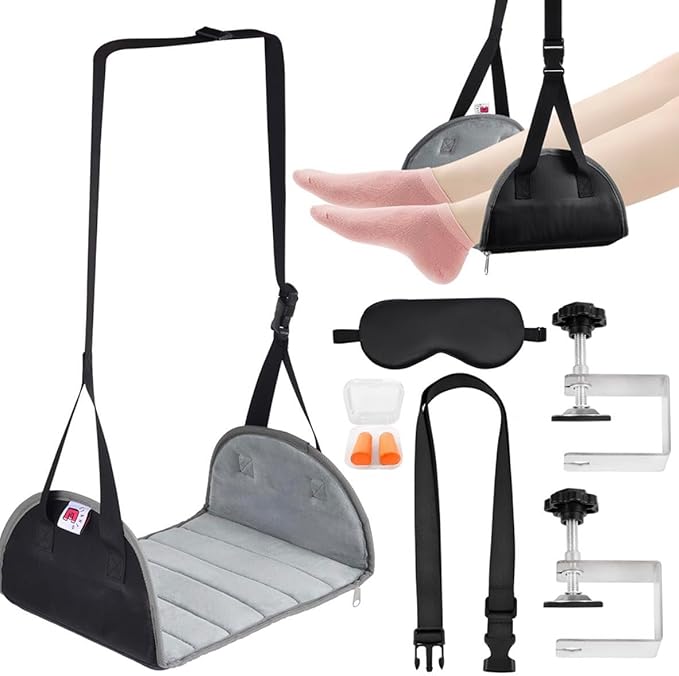 2-in-1 Foot Hammock with Premium Memory Foam – Travel Leg Rest for Long Flights | Portable Airplane & Desk Footrest