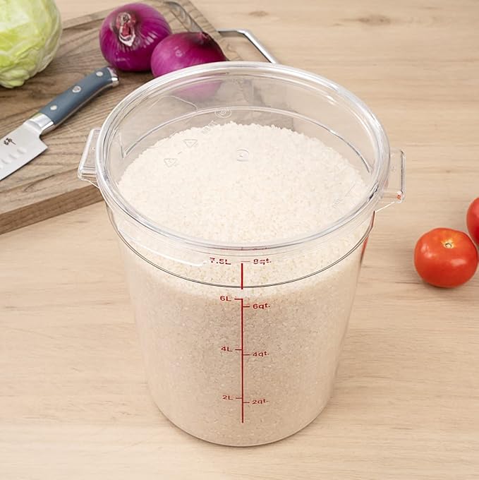 Restaurantware Met Lux 8 Quart Food Storage Containers 10 Round Commercial Storage Containers - Lids Sold Separately With Volume Markers Clear Plastic Food Prep Buckets Space-Saving Storage