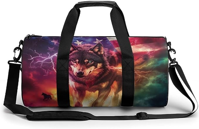 Wolf U.S Flag Gym Bag Travel Duffel Bag Lightweight Carry On Bags Weekender Bags for Women Men