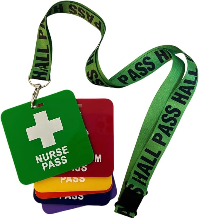GiftExpress Hall Pass Lanyards and School Passes (12) Classroom Lanyard Pass Set for Teachers, Hall, Library, Office, Nurse, Boys & Girls Restroom, Color-Coded, Safety Buckle