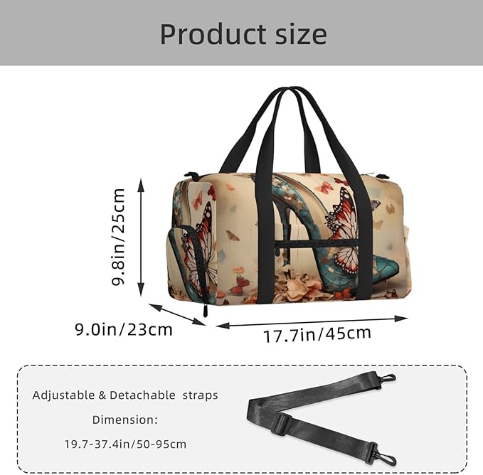 Sports Gym Bag Retro Art Butterfly Floral High Heel Travel Duffel Bag With Shoe Compartment Shoulder Strap, Lightweight Water-Resistant Weekend Overnight Totes For Women Men