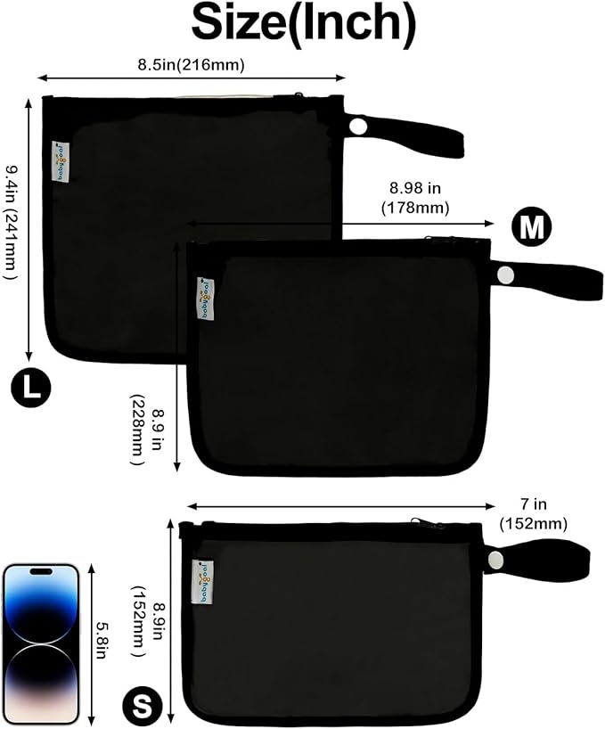 babygoal Clear Travel Organizer Bags 3 Pack, TSA Approved Mess-Proof Pouches with Snap Handle, Water-Resistant Toiletry Essentials for Baby & Mom (Black)