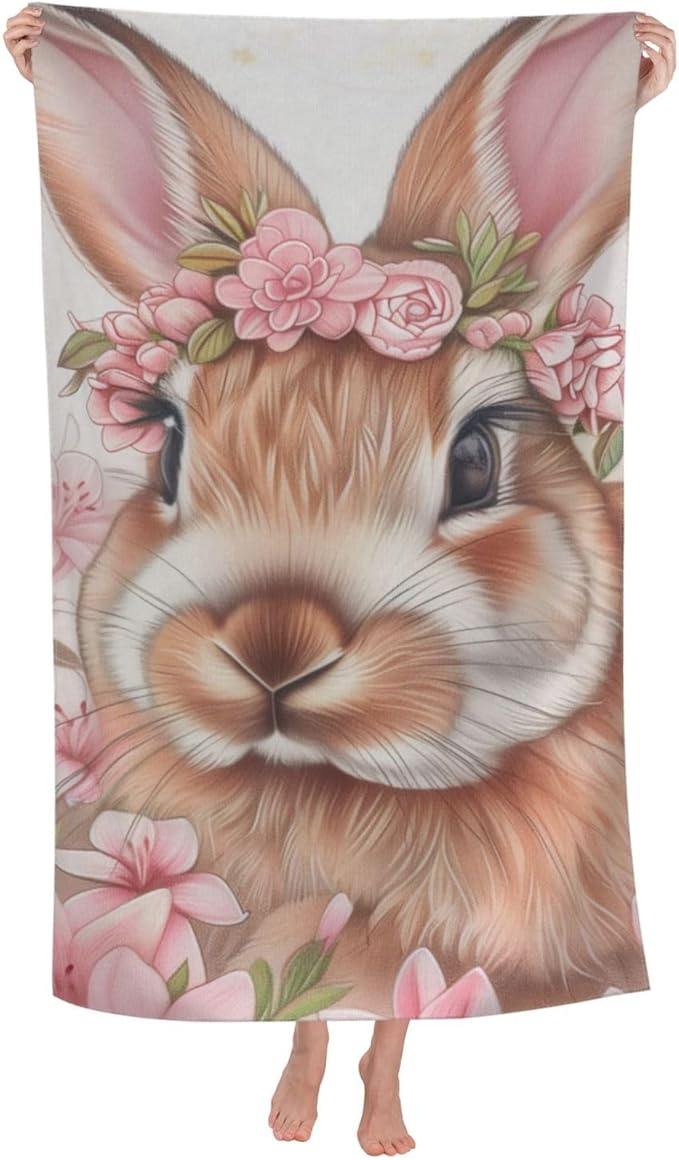 Microfiber Beach Towel, Flower Bunny Beach Towels 32x52in,Quick Dry, Sand Free, Ultra Soft & Oversized Towel for Travel, Outdoor, Bathroom, Swimming - Ideal for Pool, Camping, Yoga, or Gift Decor