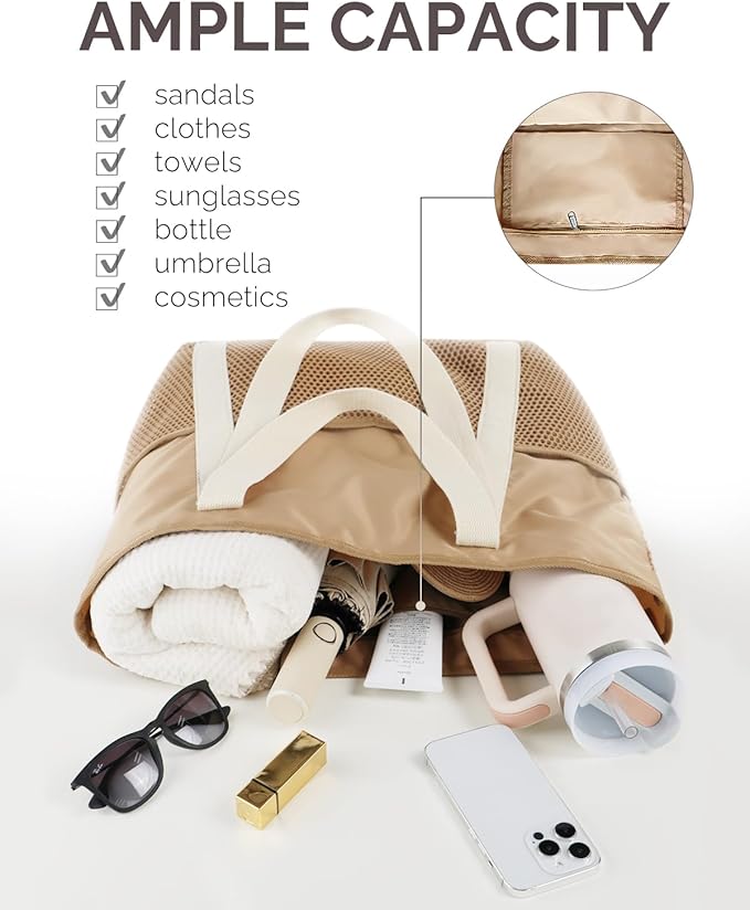 HOMESPON Beach Bag Large Waterproof Sandproof Tote for Women with Zipper and Mesh Pockets
