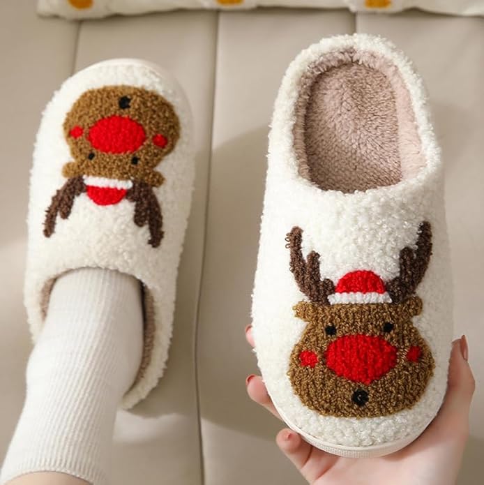 Unisex Xmas Elk Shoes Santa Reindeer Cute Strawberry Cartoon Christmas Tree Pink Bow Memory Foam Soft Plush House Slippers Indoor/Outdoor