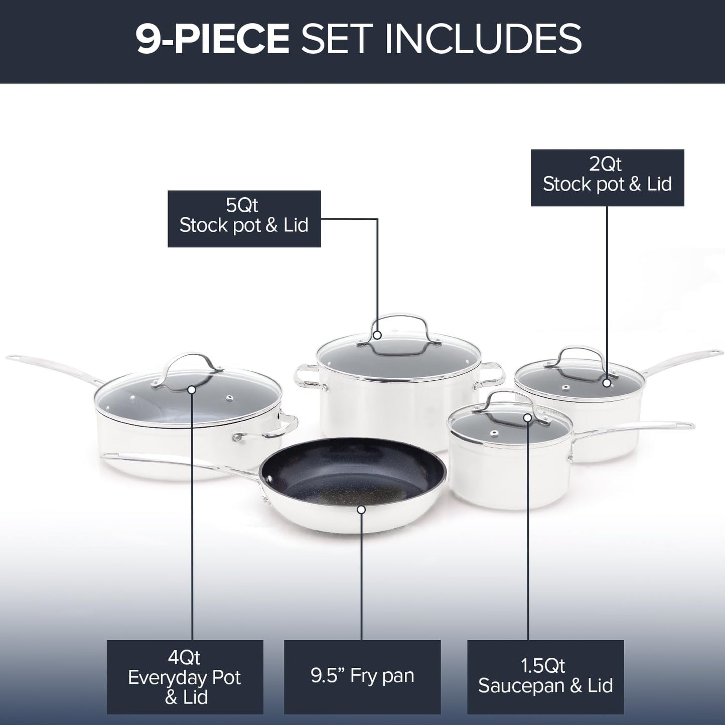 Nuwave Healthy Duralon Blue Ceramic Nonstick Coated 9pc Cookware Set, Scratch-Resistant Diamond Infused, PFAS Free, Induction Ready & Evenly Heats, Oven Safe, Tempered Glass Lids