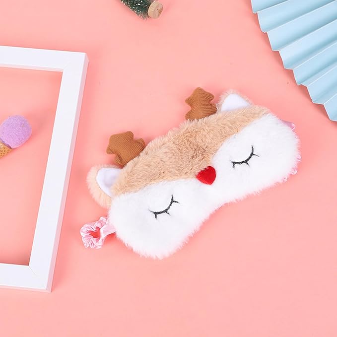 Cute Reindeer Plush Sleep Mask - Soft Fluffy Eye Cover Blindfold for Kids, Girls and Adults - Beige