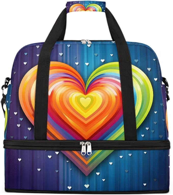 Rainbow Blue Abstract Heart Large Weekender Bag with Shoe Compartment Travel Duffel Bags for Women Carry On Hospital Overnight Bag Foldable Personal Item Travel Bags Tote Gym Sports Airplanes