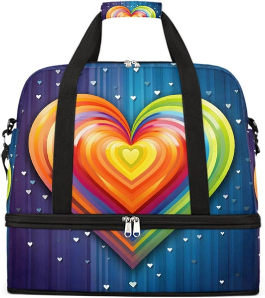 Rainbow Blue Abstract Heart Large Weekender Bag with Shoe Compartment Travel Duffel Bags for Women Carry On Hospital Overnight Bag Foldable Personal Item Travel Bags Tote Gym Sports Airplanes