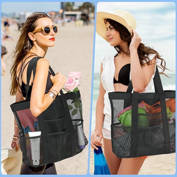 Large Mesh Beach Bag, Beach Tote Bags with 9 Pocket for Family