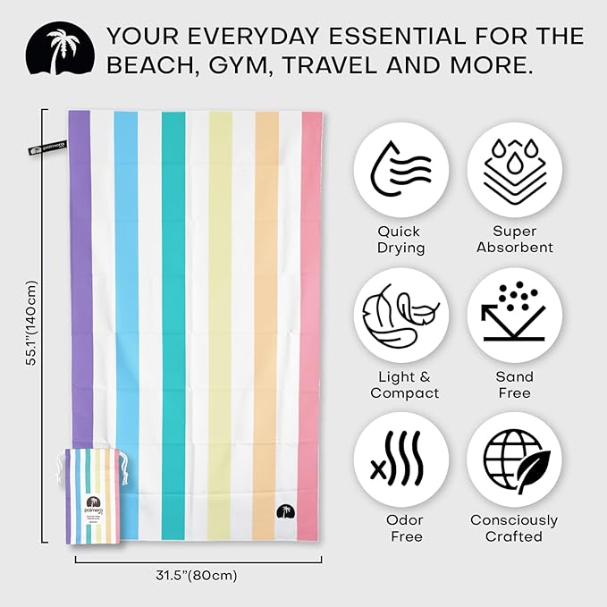 Microfiber Quick-Dry Travel Towel – Super Absorbent, Lightweight, Compact – Sand Resistant, Soft, Mesh Carry Bag – Beach, Pool, Gym, (Rainbow)