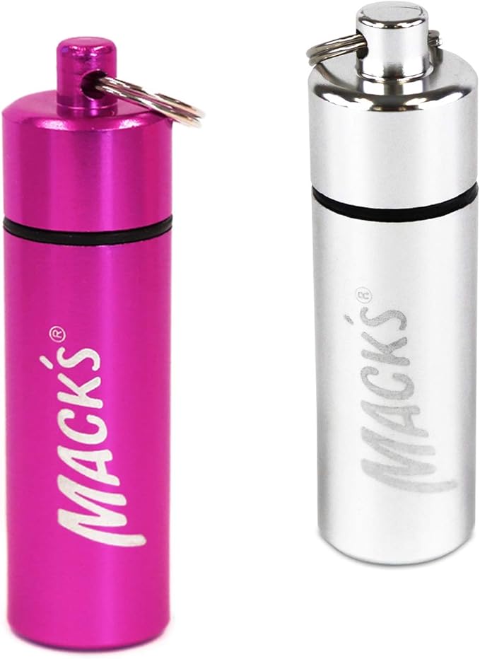 Mack's Keychain Carrying Case, Aluminum, Waterproof Ear Plugs Holder – 2 Pack (Silver and Pink)