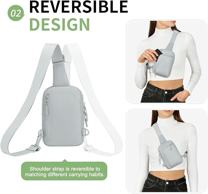 Mini Sling Bag for Men Women, Small Travel Fanny Packs Crossbody Anti Theft Reversible Nylon Chest Bag for Running Hiking (Light Grey)