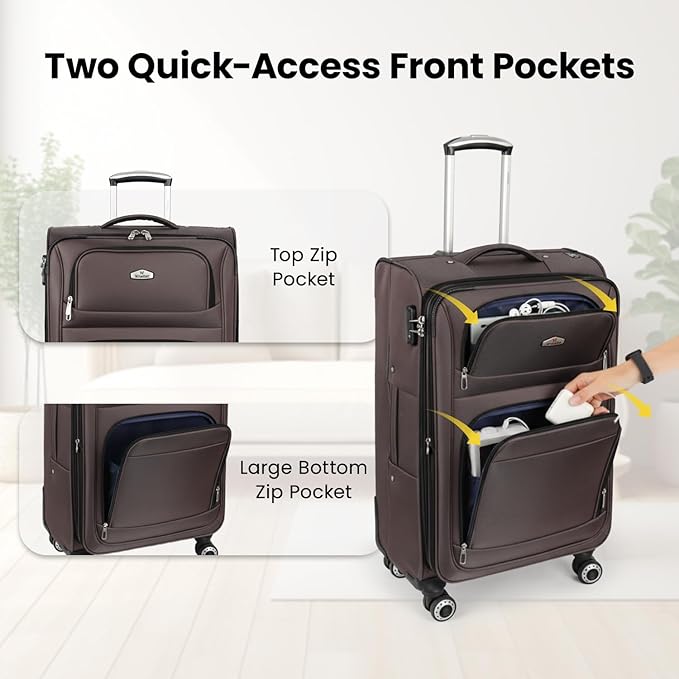 20'' Carry on Luggage,Softside Suitcase w/Combination LOCK,Expandable 15% Luggage w/Double Spinner Wheels,Lightweight Rolling Suitcases for Men/Women（Coffee,20in）