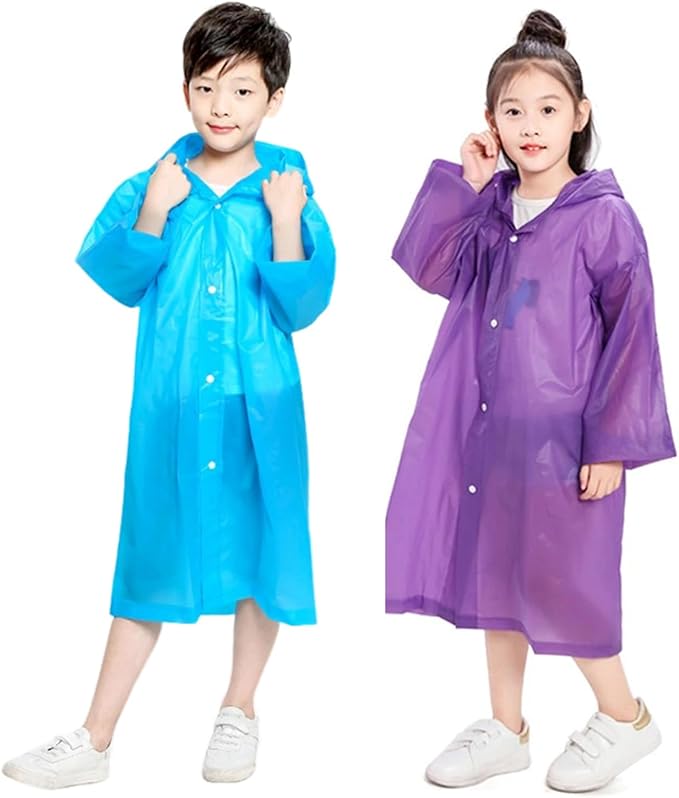 Rain Ponchos for Kids, 2 Pack Reusable Raincoats Jackets with Hoods and Sleeves Lightweight for Girls Boys