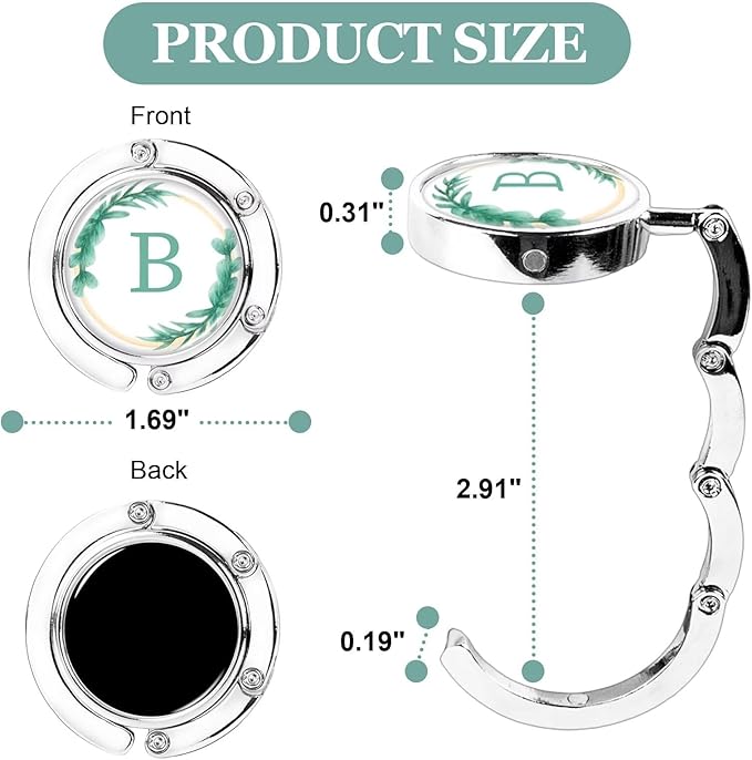 XSUIOY 3Pcs Personalized Initial Foldable Purse Hook for Table,Crushed Flower Letters Folding Purse Hanger,Purse Holder Handbag Hanger Collection Desk Table Bag Hooks Gifts for Women Bag(Green-B)