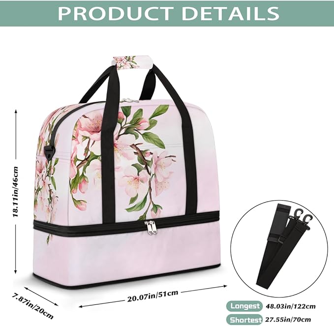 Pink Cherry Blossoms Large Weekender Bag with Shoe Compartment Travel Duffel Bags for Women Carry On Hospital Overnight Bag Foldable Personal Item Travel Bags Tote Gym Sports Airplanes