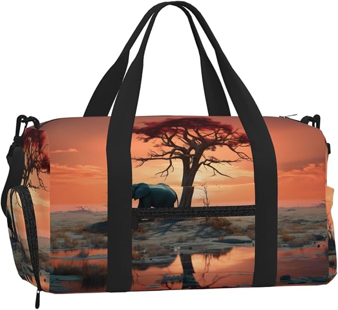 Sports Gym Bag African Elephant Sunset Tree Travel Duffel Bag With Shoe Compartment Shoulder Strap, Lightweight Water-Resistant Weekend Overnight Totes For Women Men
