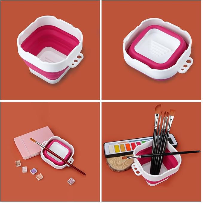 Collapsible Silicone Brush Washer - Portable Foldable Water Cup & Basin for Watercolor, Acrylic, Oil Painting | Artist Brush Cleaner and Holder | Red