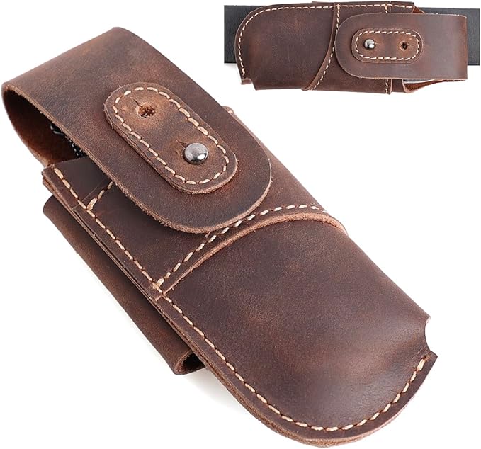 Topstache Leather Pocket Knife Sheath - Belt Loop EDC Belt Organizer - Horizontal Carry Knife Holder- Multitool Sheath with Two Snap Closure for Folding Knife, Darkbrown