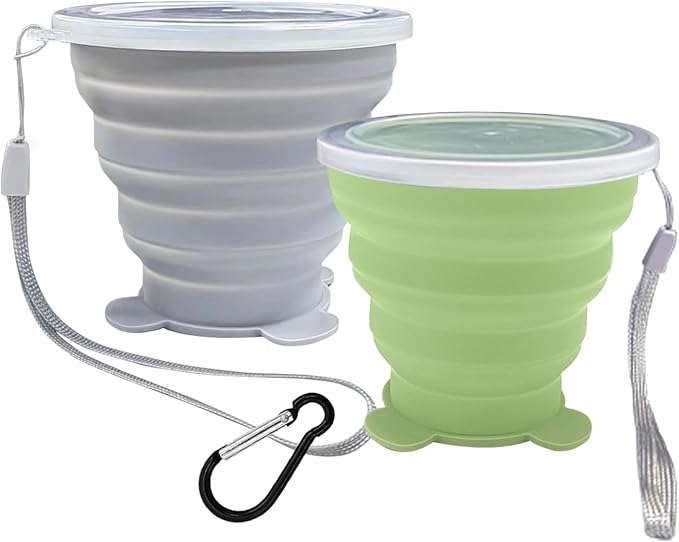 2 Pcs Collapsible Cups, Silicone Collapsible TravelCup, Expandable Folding Camping Drinking Cup with Lids Reusable Small Portable Mugs-Cup for Travel, Camping, Hiking,Outdoors (Grey&Green)