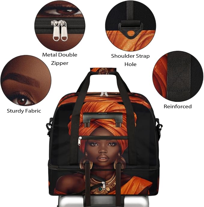 Foldable Travel Duffel Bag for Women - Carry on Personal Item Bag with Shoes Compartment, Weekender Overnight Duffle Bags Sport Tote Gym Luggage for Airplanes Traveling(African Ethnic Woman)