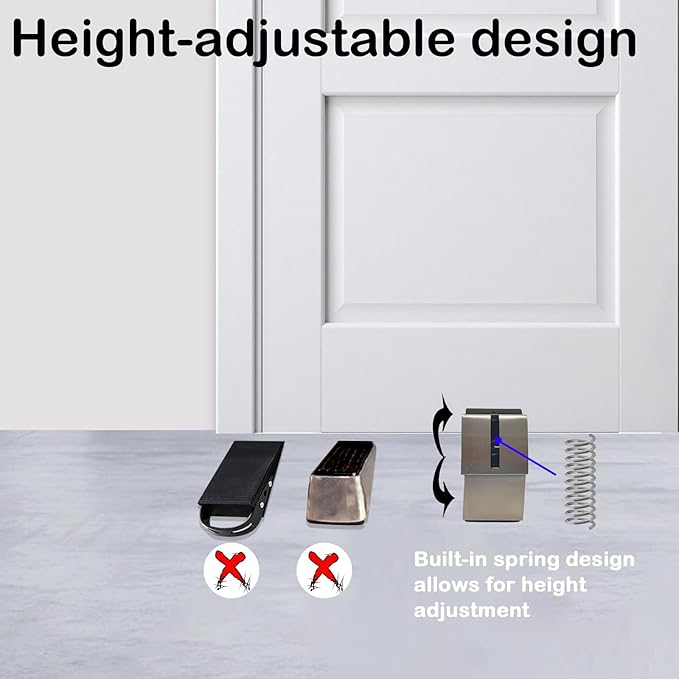 Heavy Duty Adjustable Spring Door Stopper for Bottom of Door,Fits Doors Up to 3 Inches, Stainless Steel Door Stop with Non-Slip Rubber, Perfect for Heavy Door Holder(1, Silver)