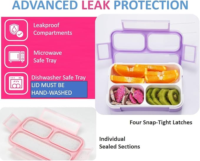 Kids Glitter Snack Container - Mini Bento Lunch-Box, Small Leakproof Container Boxes for Toddlers Girls Snacks Lunches, 3 Compartment - School Daycare Portion Containers, Pink Purple Sparkle Set of 2