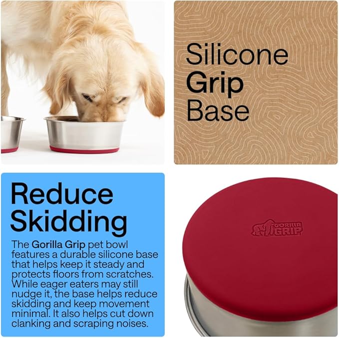 GORILLA GRIP Dog Bowls, Heavy Duty 304 Stainless Steel, Holds 6 Cups Each (48 fl oz) Food and Water Bowl for Feeding Dogs and Cats, Dishwasher Safe, Rust Resistant, BPA Free Rubber Base Set of 2 Red