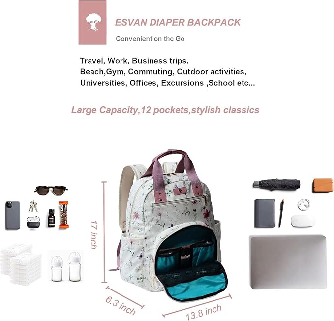 Diaper Bag Backpack, Large Capacity Multifunction Baby Essentials Fashion Travel Pack Linen Canvas office Laptop Bag (Corduroy Purple Flower)