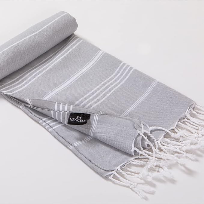Hencely Turkish Beach Towel 37x68 Oversized, Sand-Free, Quick-Dry, Lightweight - Travel Essential for Pool & Bath - Striped 100% Cotton Bathroom Towels Accessories Gift (Silver)