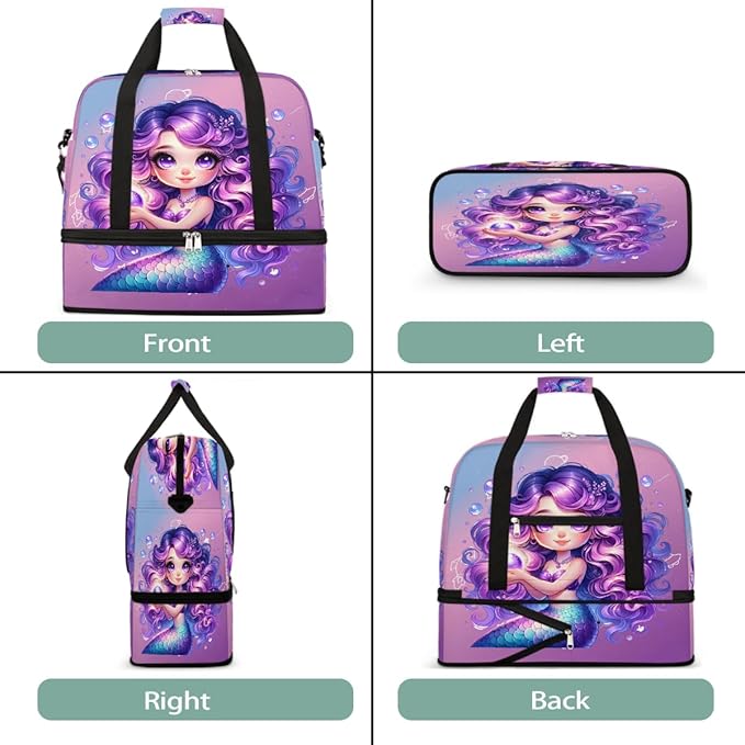 Purple Mermaid Girls Large Weekender Bag with Shoe Compartment Travel Duffel Bags for Women Carry On Hospital Overnight Bag Foldable Personal Item Travel Bags Tote Gym Sports Airplanes