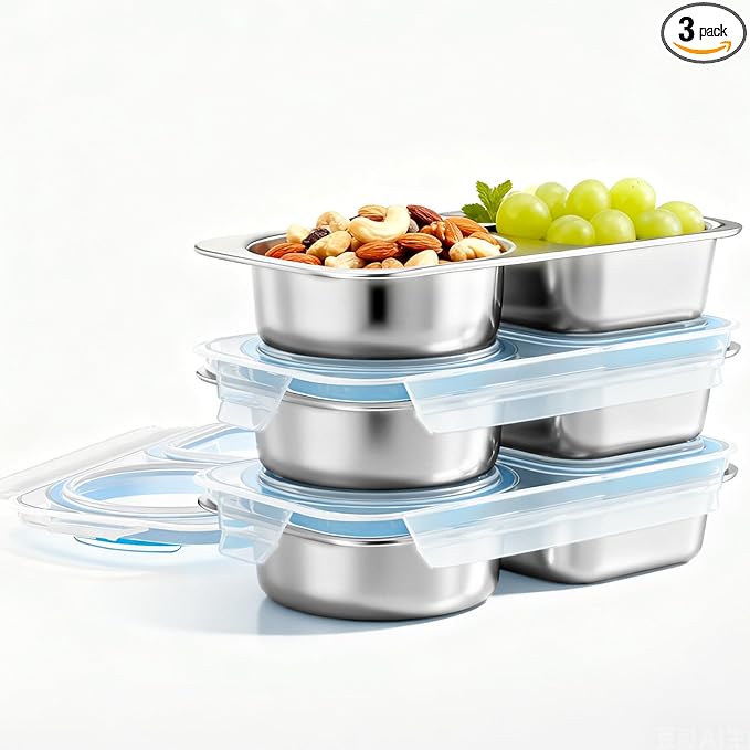 3 Pack Stainless Steel Snack Containers For Kids Adults, 2 Compartment Reusable Metal Snack Boxes With Leak-Proof Lids, Compact Lunch Food Storage Container