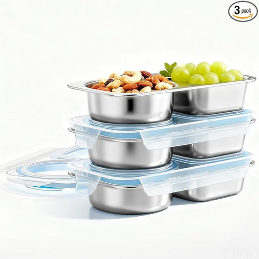 3 Pack Stainless Steel Snack Containers For Kids Adults, 2 Compartment Reusable Metal Snack Boxes With Leak-Proof Lids, Compact Lunch Food Storage Container