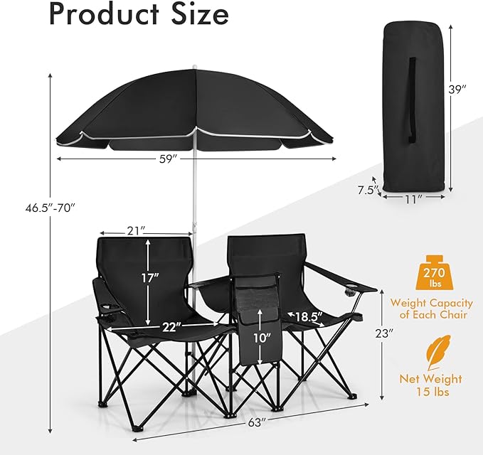 KOTEK Double Camping Chair, Folding Camp Chair with Removable Umbrella, Cup Holders, Cooler Bag, Side Pocket & Carry Bag, 2-Person Beach Chair for Outdoor, Sports, Concerts, Travel, Picnic (Black)