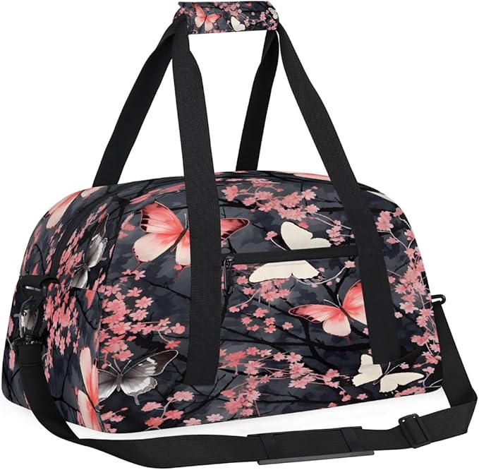 Pink Butterfly Flower Sports Duffel Bags, Water-Resistant Gym Duffle Bag for Men Women, Lightweight Weekender Overnight Bag for Fitness, Workout, Travel