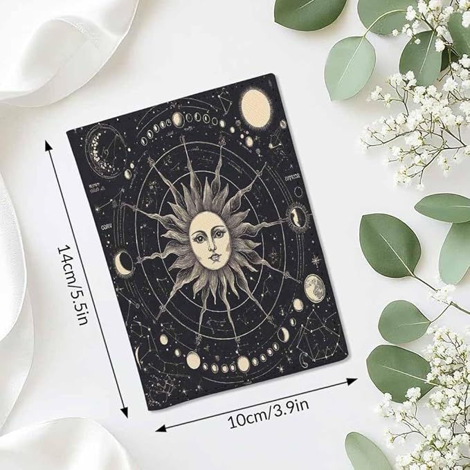 Moon Phases Passport Holder for Travel Vintage Engraving Style Zodiac Signs PU Leather Passport Cover Wallet Cute Passport Card Holder for Women and Men
