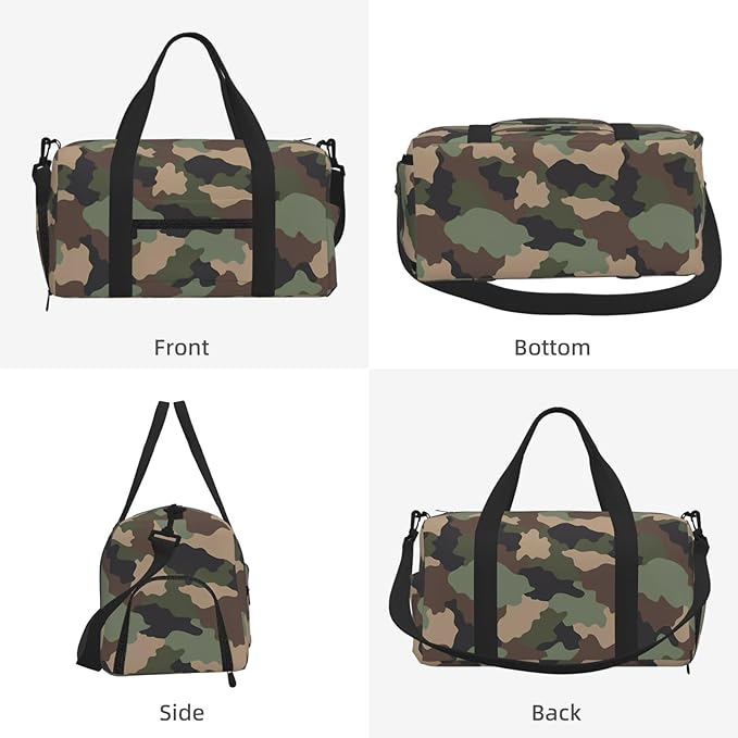 Camouflage Woodland Camo Khaki Tan Black Women'S Gym Duffle Bag With Shoes Compartment, Ideal For Travel, Gym, Sports, Duffel, Weekender