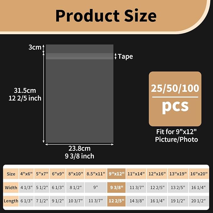 Cellophane Bags 9x12, Clear Paper Sleeves Acid Free Paper Protector Sheets Protective Sleeves for Magazine Protectors for Collectors Plastic Covers 9x12 inch, Pack of 25