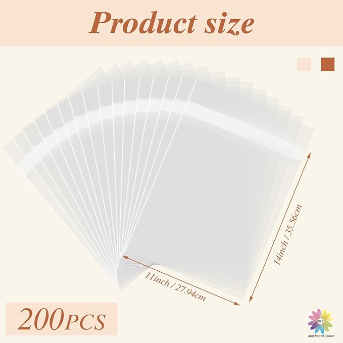 Mat Board Center, (200 Pack) 11 3/8" x 14 1/8" Crystal Clear Resealable Plastic Sleeves, Self Sealing Polypropylene Bags for 11x14 Prints, Photos, Documents