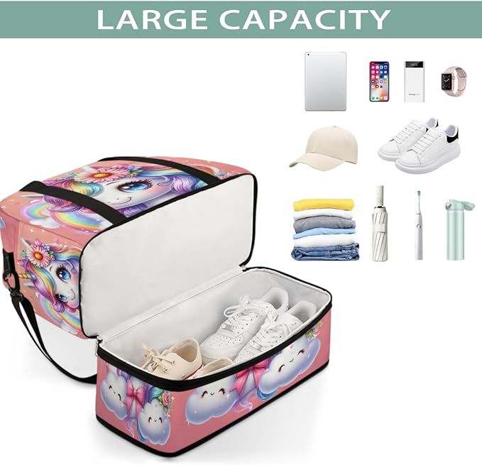 Rainbow Animal Unicorn Pink Large Weekender Bag with Shoe Compartment Travel Duffel Bags for Women Carry On Hospital Overnight Bag Foldable Personal Item Travel Bags Tote Gym Sports Airplanes